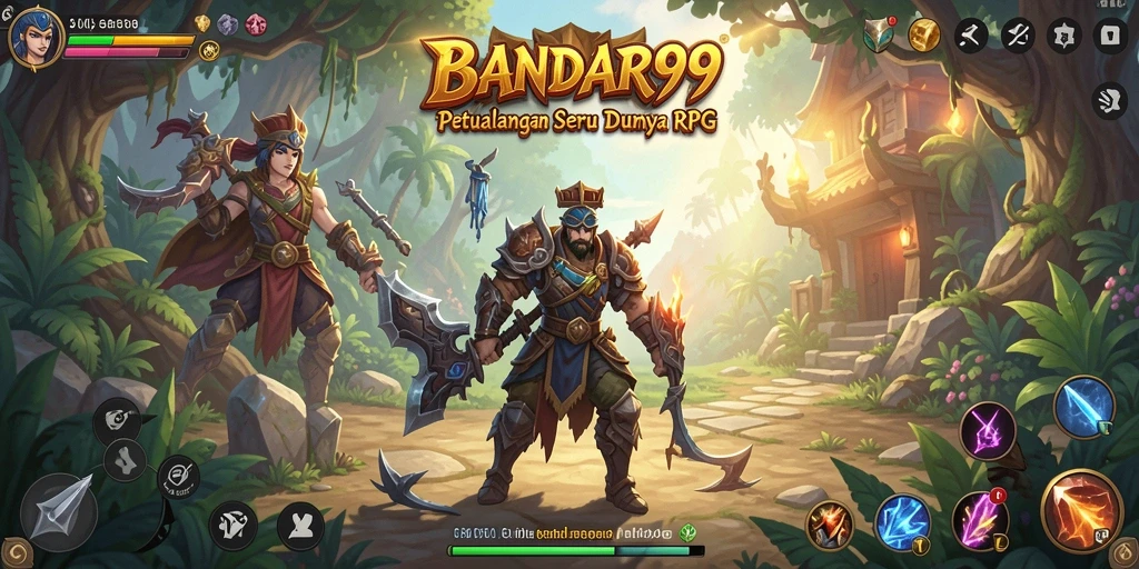 Tangkapan layar utama BANDAR99 menampilkan pertarungan epik antara karakter dengan monster besar.